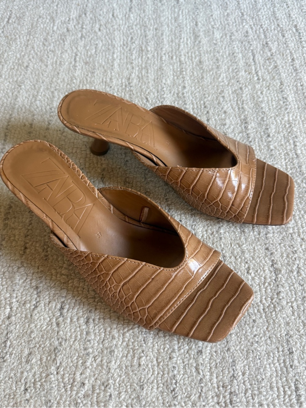 Zara Croc-Embossed Tan Slip-On Mule Heels